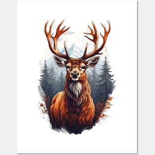 Majestic Red Deer Mountain Landscape Design Posters and Art